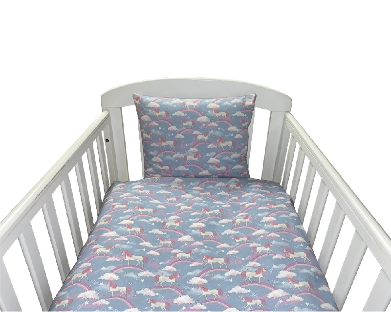 NM Baby sengelinned - denim enhjørning og regnbue