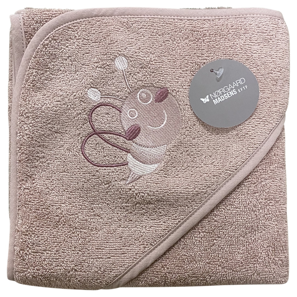 Badeslag mauve bomuldsfrotté  m/ bi broderet på hætten, str. 75x75 cm.