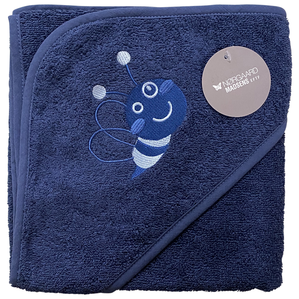 Badeslag navy bomuldsfrotté m/ bi broderet på hætten, str. 75x75 cm.