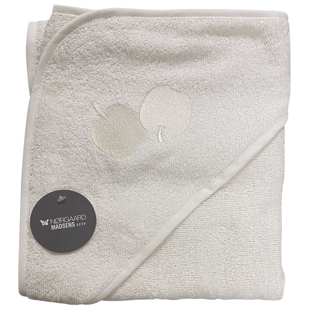 Badeslag off-white bomuldsfrotté m/ æbler broderet på hætten, str. 75x75 cm.
