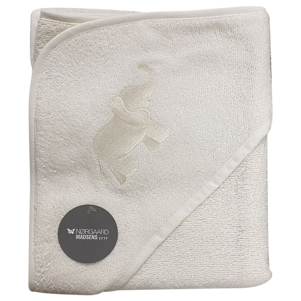 Badeslag off-white bomuldsfrotté m/ elefant broderet på hætten, str. 75x75 cm.