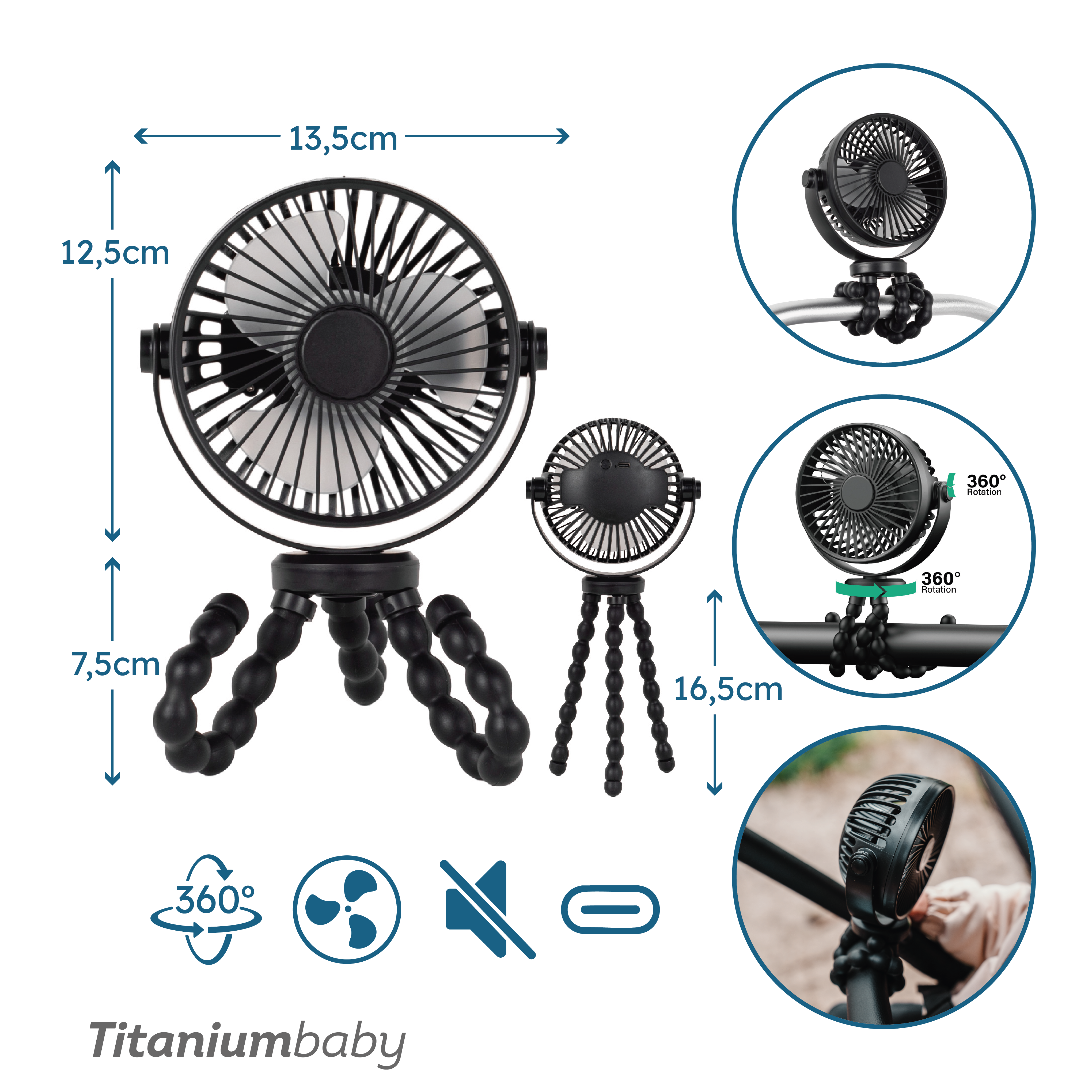 Titaniumbaby Ventilator genopladelig -sort
